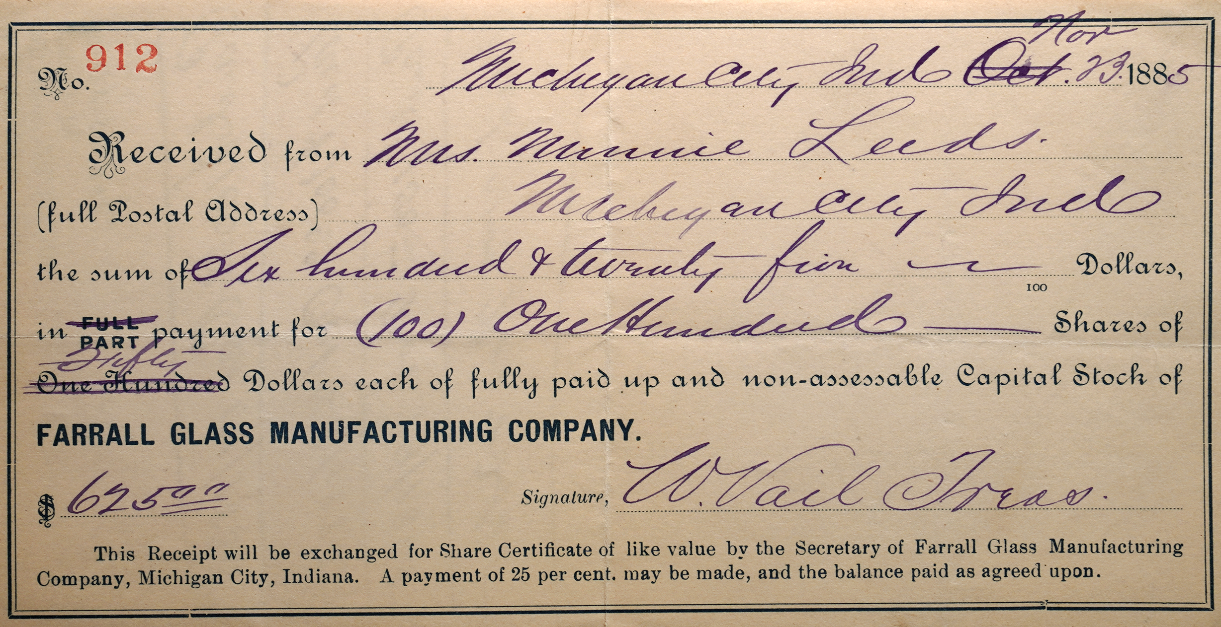Farrall Glass Manufacturing Company share certificate
